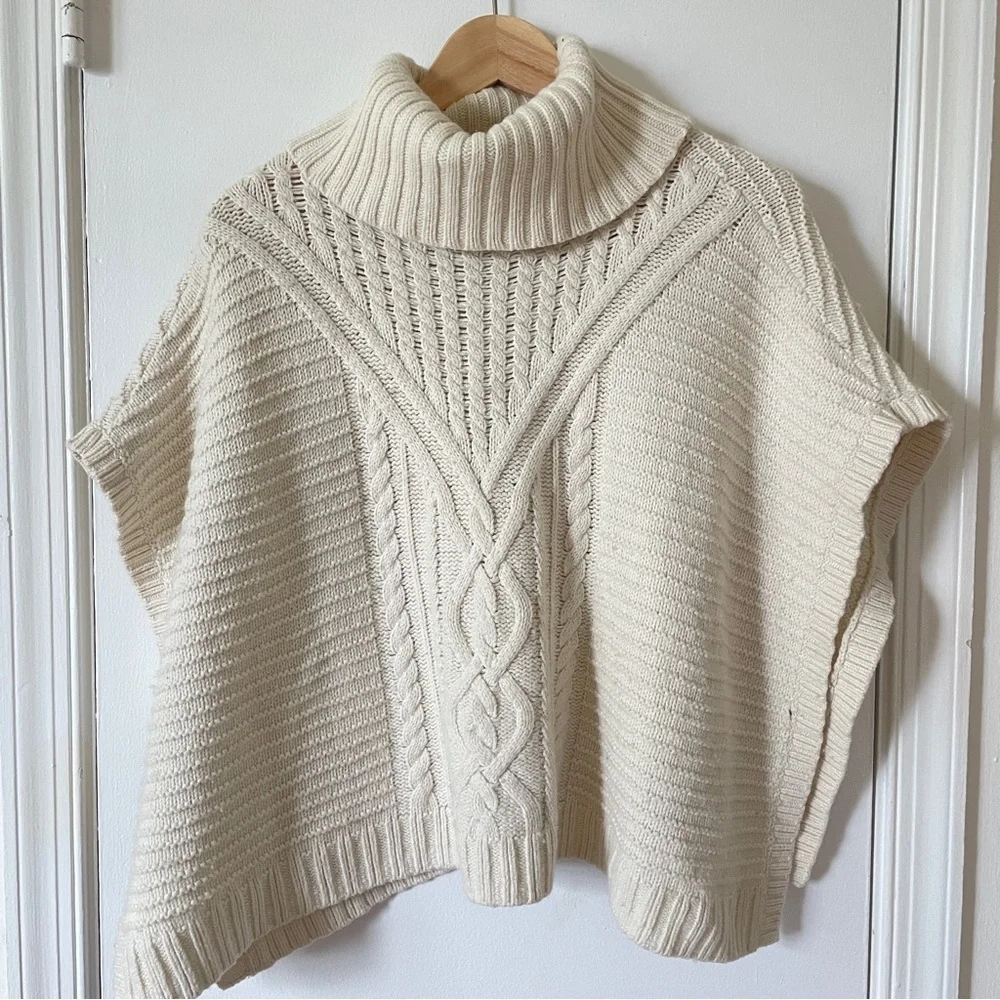 Gap Kids Girl’s Wool Turtleneck Cable Knit Poncho Cape Off-White Cream XL 12